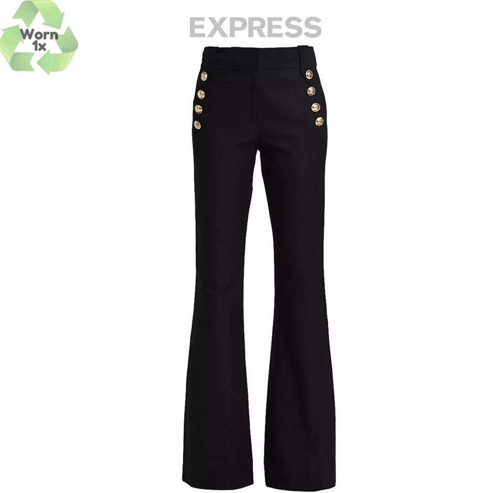 Express Black High-Waist Flared Pants with Gold Buttons